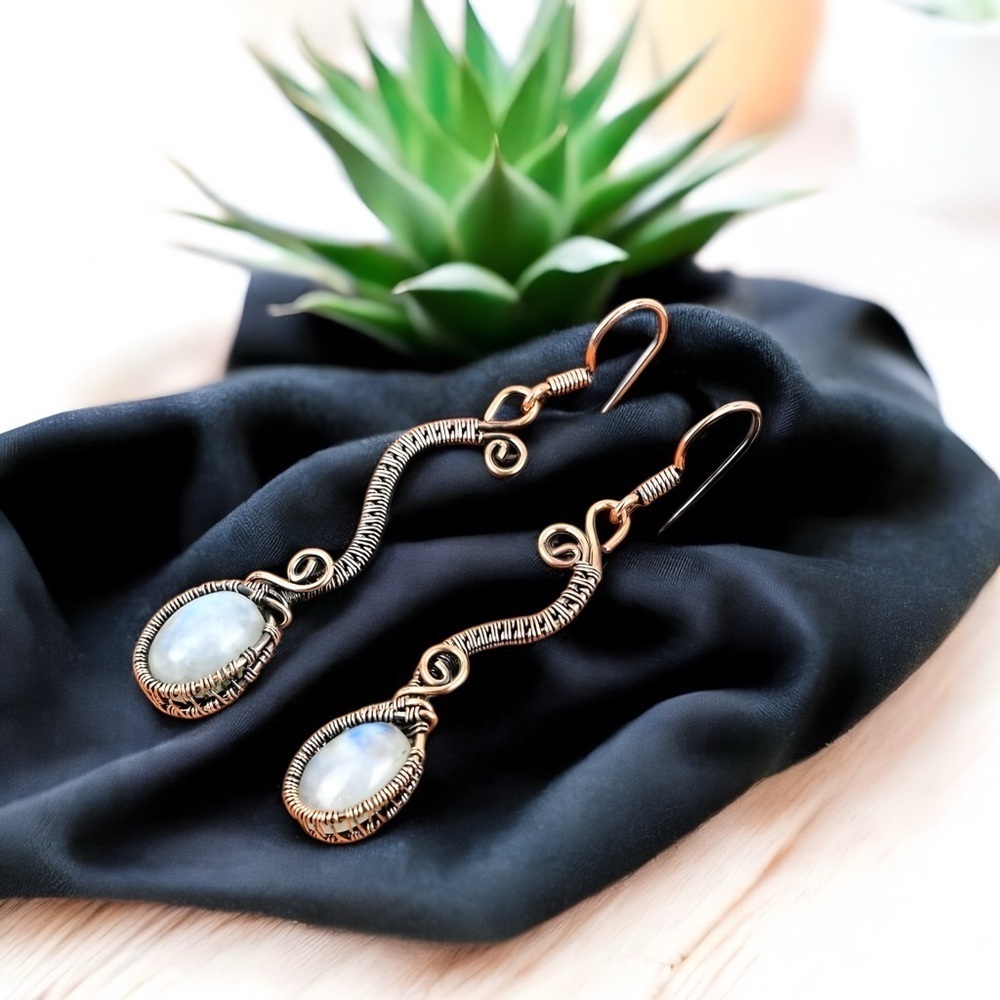 Copper Wrapped Hand Crafted Artisan Rainbow Moonstone Earrings - Picture 3 of 7